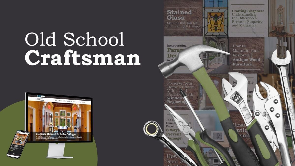 Old School Craftsman logo with website on phone and computer and tools